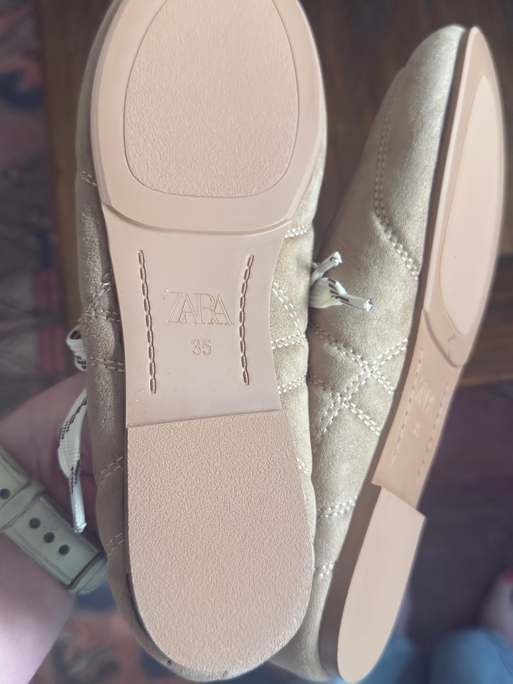 ZARA Light Brown Suede Ballet Flats with Patterned Ribbon - Picture 3 of 3